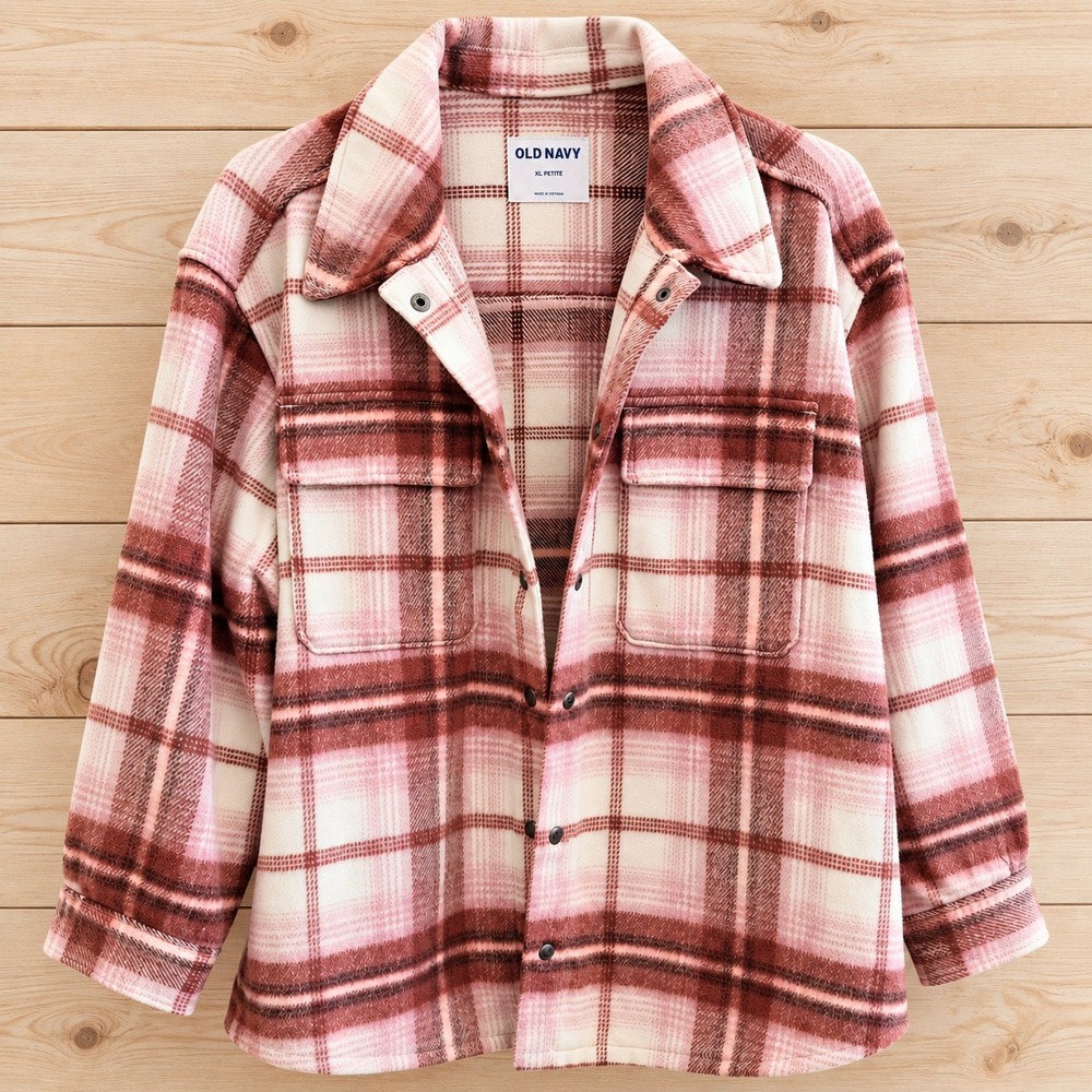 Old Navy Pink Plaid Wool Blend Shacket Shirt Jacket XL Petite Brown Cream